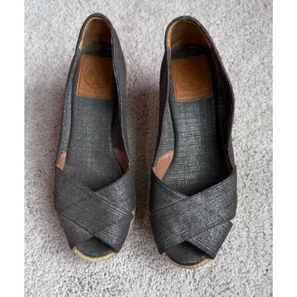 Tory Burch Shoes Size 6 Espadrille Grey Shine Metallic Shine Peep Toe Wedge Heel - Picture 15 of 15